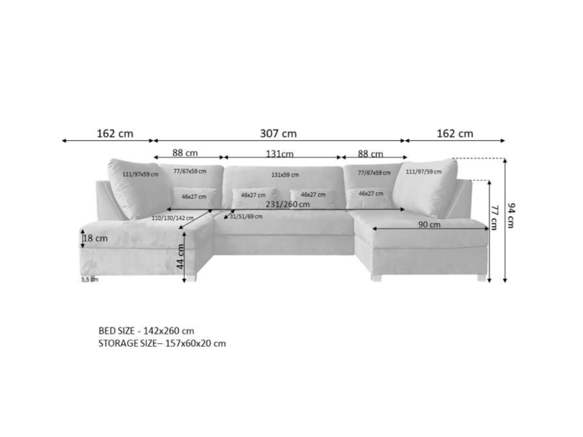 Meridian U Shape Sofa Bed with Storage Chenille Truffle Measurements