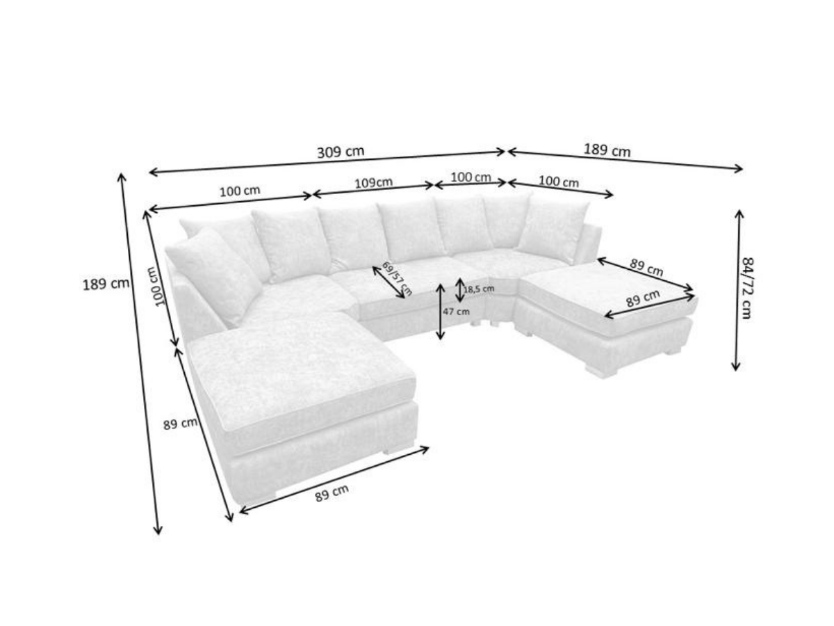 London Truffle U Shape Chenille Corner Sofa 6 Seater Measurements