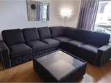 Olivia Large 6 Seater Universal Chenille Black Corner Sofa and footstool with glass top