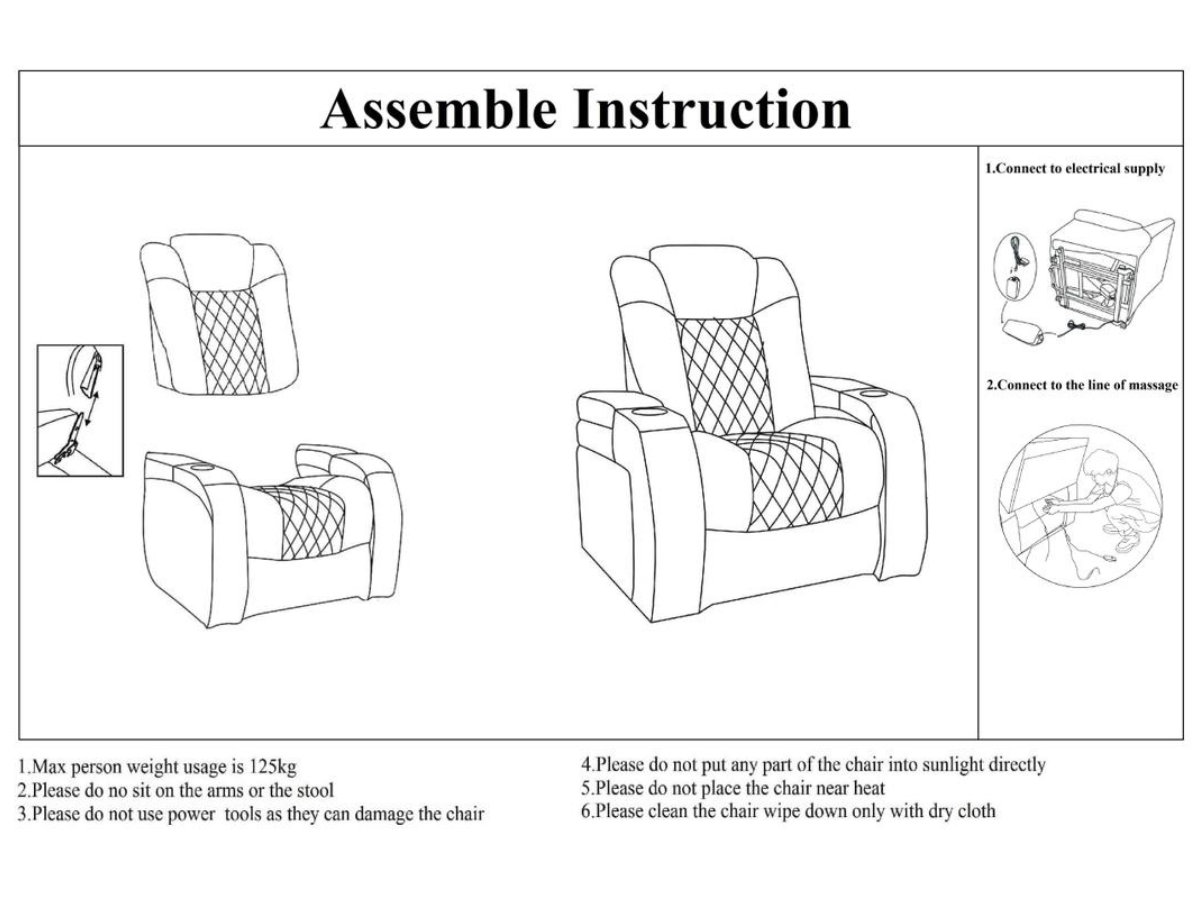 Tech 8 Smart Cinema Recliner Armchair Black Aire Leather with USB Port, Blue LED, Massager, Cup Holder and Tray Table