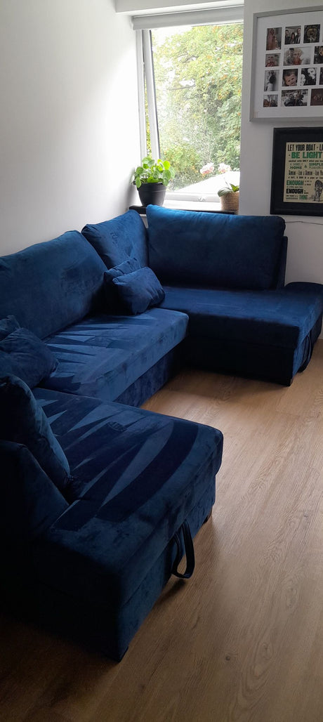 Meridian U Shape Sofa Bed with Storage Plush Velvet Blue