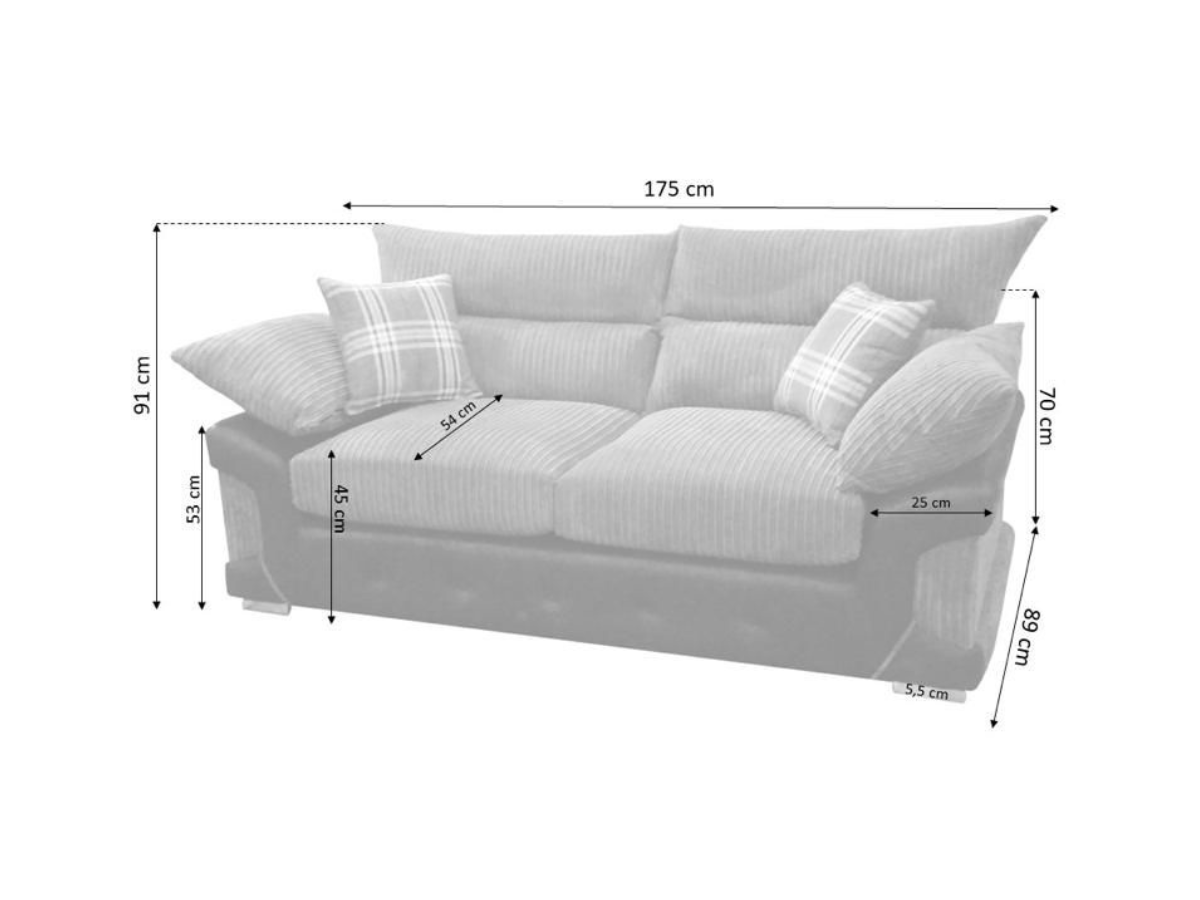 Logan 2 Seater Black Grey Jumbo Cord Sofa Measurements