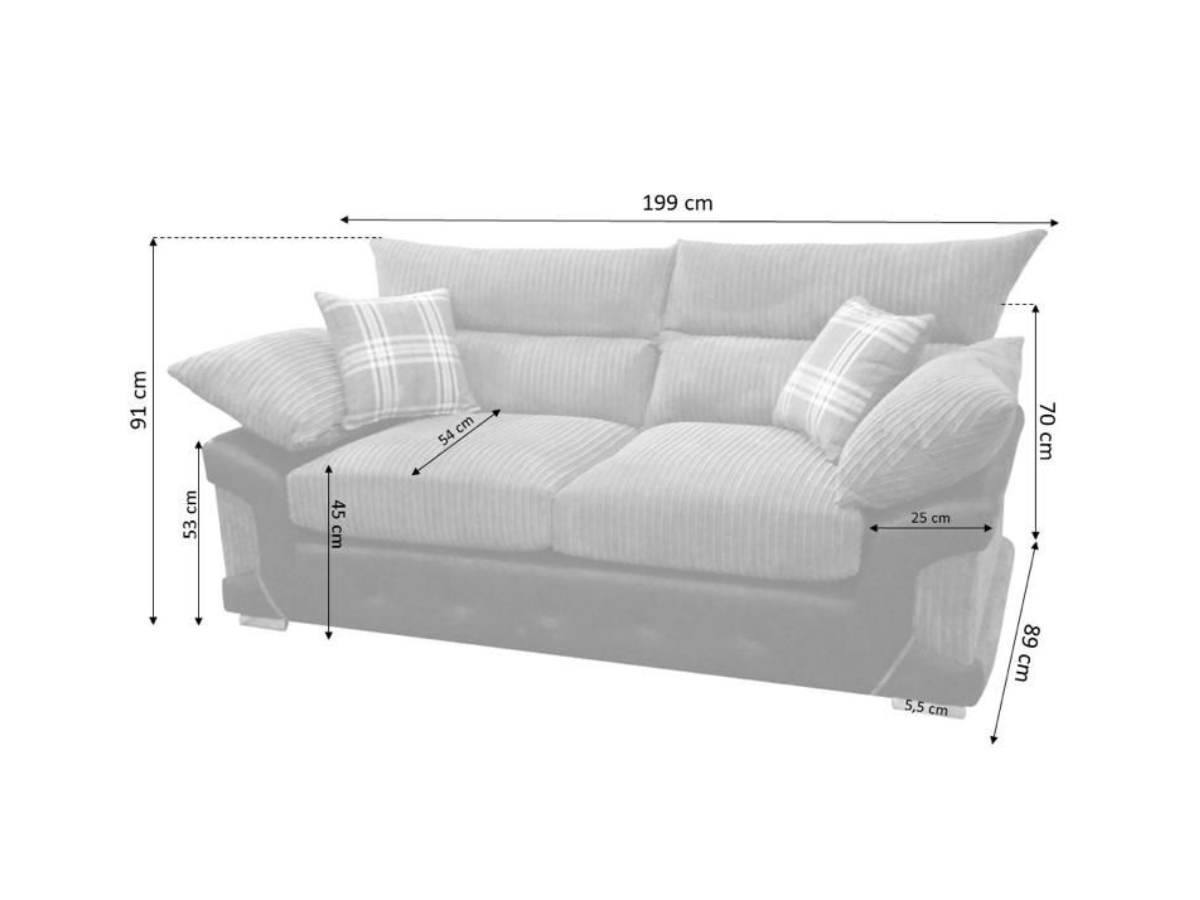 Logan 3 Seater Black Grey Jumbo Cord Sofa Measurements