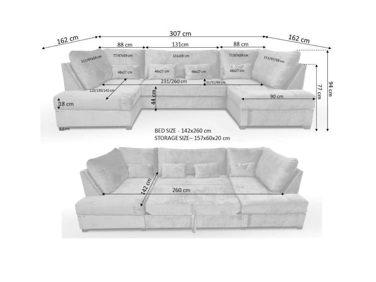 Meridian U Shape Sofa Bed with Storage Plush Velvet Grey Measurement Chart