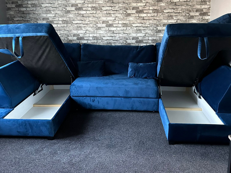 Meridian U Shape Sofa Bed with Storage Blue Plush Velvet