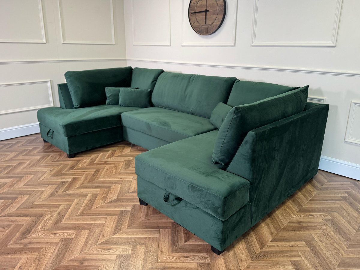 Meridian U Shaped Sofa Bed with Storage Emerald Green Plush Velvet