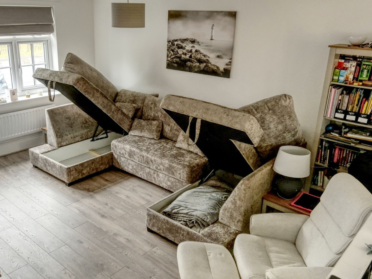 Meridian pull out sofa bed with Storage Chenille Truffle