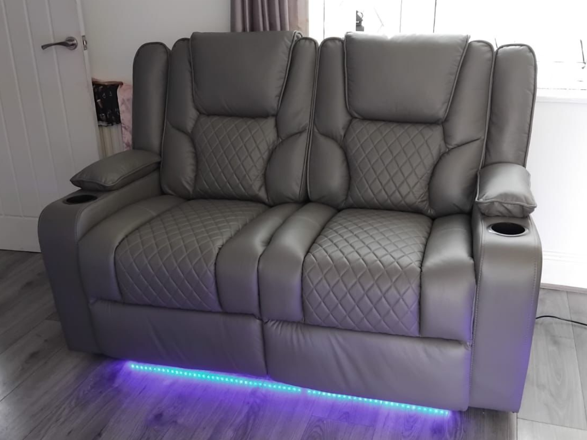 Orlando 2 Seater Electric Recliner Sofa Grey Leather with USB Port Drop Down Table and Cupholders