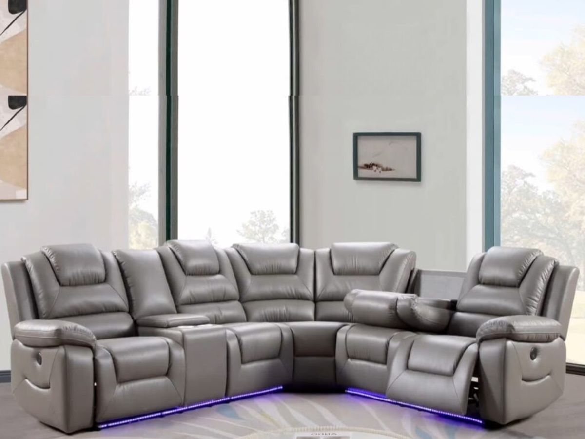 Oxford Electric Recliner Corner Sofa Grey Aire Leather with USB Port and Cup Holders
