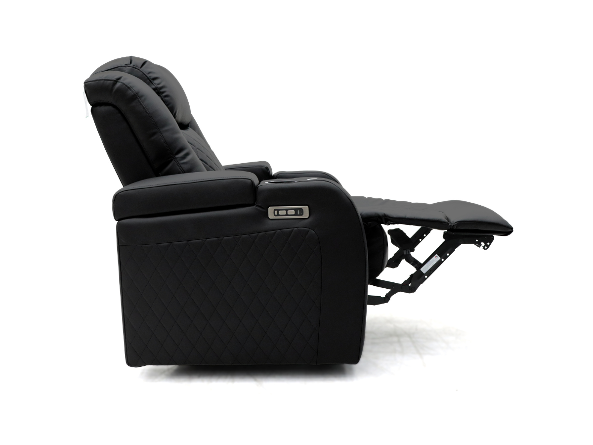 Tech 8 Smart Cinema Recliner Armchair Black Aire Leather with USB Port, Blue LED, Massager, Cup Holder and Tray Table