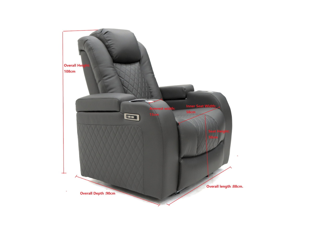 Tech 8 Smart Cinema Recliner Armchair Black Aire Leather with USB Port, Blue LED, Massager, Cup Holder and Tray Table