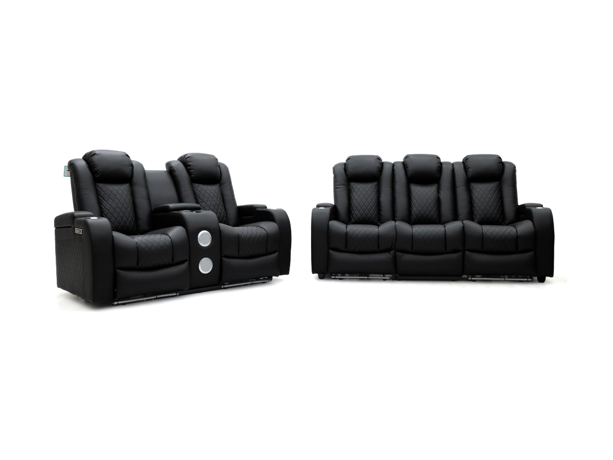 Tech 8 Smart 3+2 Cinema Recliner Sofa Set Black Faux Leather