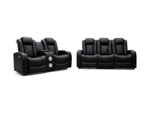 Tech 8 Smart 3+2 Cinema Recliner Sofa Set Black Faux Leather