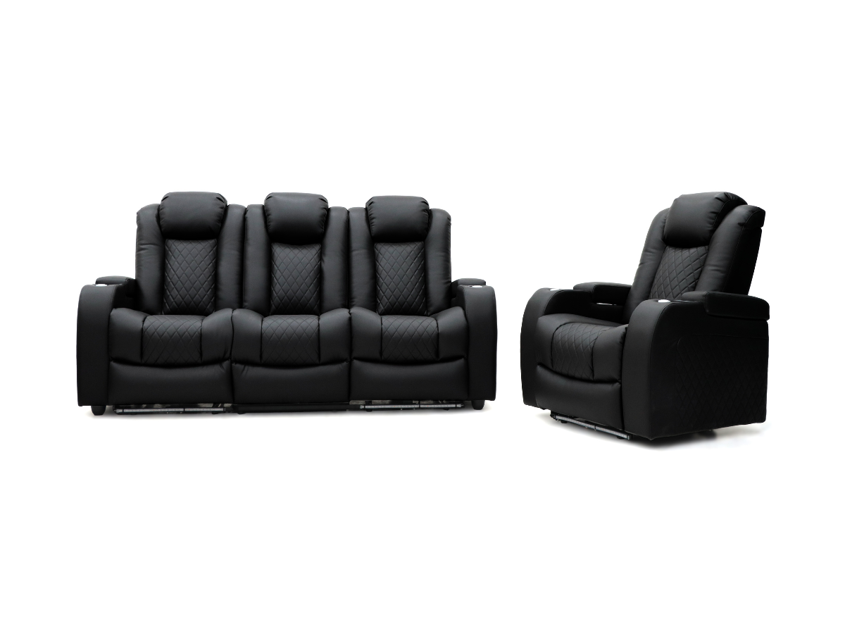 Tech 8 Smart Cinema Recliner Armchair Black Aire Leather with USB Port, Blue LED, Massager, Cup Holder and Tray Table