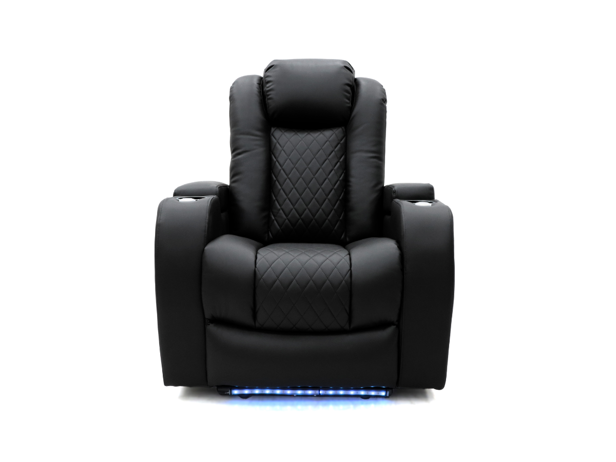 Tech 8 Smart Cinema Recliner Armchair Black Aire Leather with USB Port, Blue LED, Massager, Cup Holder and Tray Table