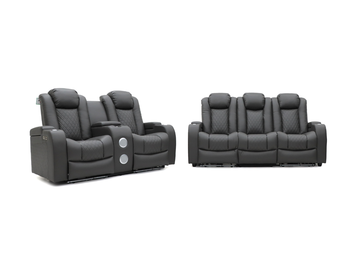 Tech 8 Smart 3+2 Cinema Recliner Sofa Set Grey Aire Leather with USB Port, Blue LED, Massager, Drop Down Table and Cupholders