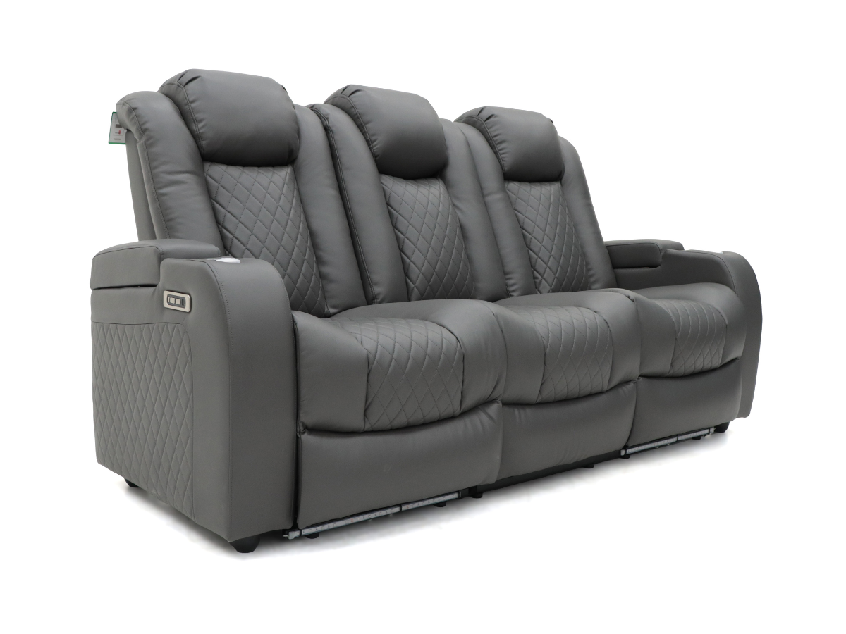 Tech 8 Smart 3+2 Cinema Recliner Sofa Set Grey Aire Leather with USB Port, Blue LED, Massager, Drop Down Table and Cupholders