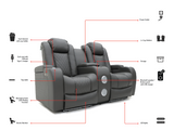 electric recliner 2 seater sofa tech 8 smart grey leather features diagram