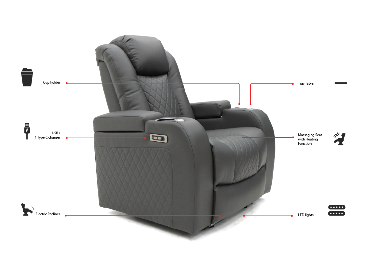 electric recliner armchair tech 8 smart grey leather features diagram