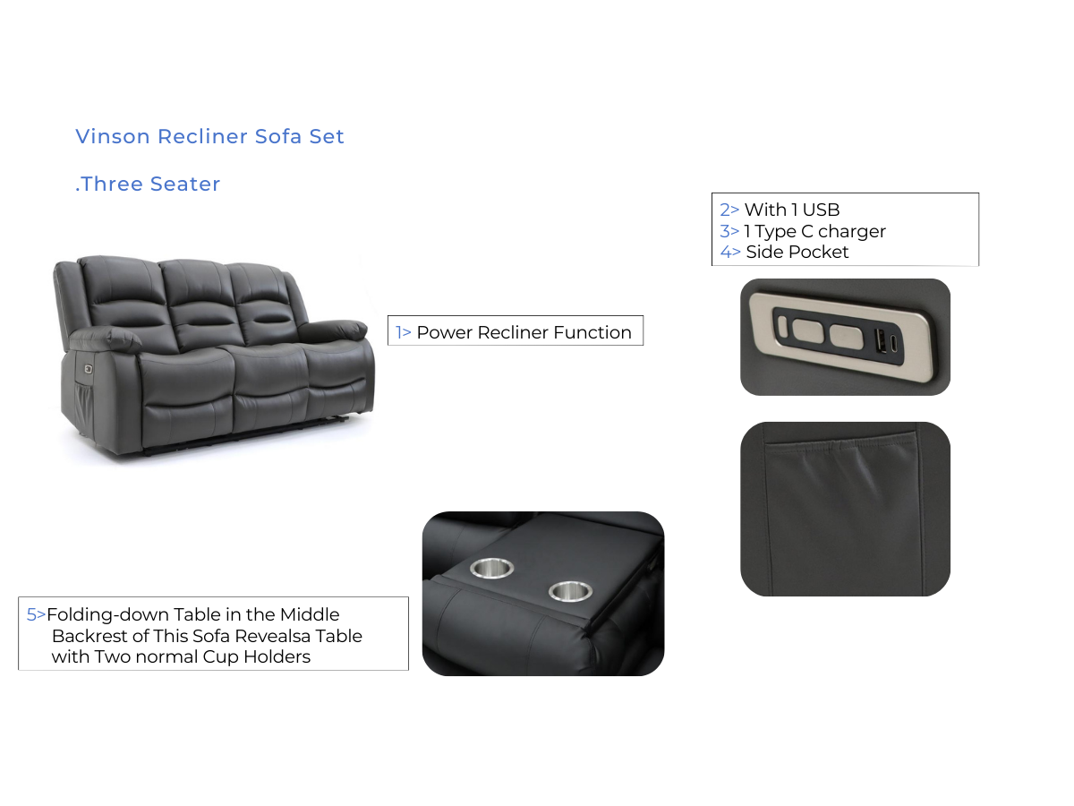 Vinson 3 Seater Electric Recliner Sofa Black Faux Leather