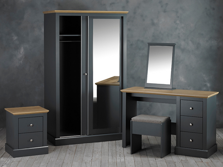 Devonshire Dressing Table Set With Mirror and Stool Bedside Cabinet Two Door Wardrobe Charcoal