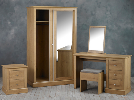 Devonshire Dressing Table Set With Mirror and Stool Bedside Cabinet Two Door Wardrobe Oak