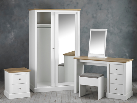 Devonshire Dressing Table Set With Mirror and Stool Bedside Cabinet Two Door Wardrobe White