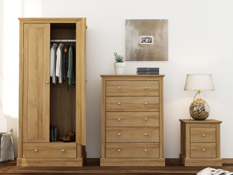 Devonshire Five Drawer Chest , Two Door Wardrobe, Bedside Cabinet Oak