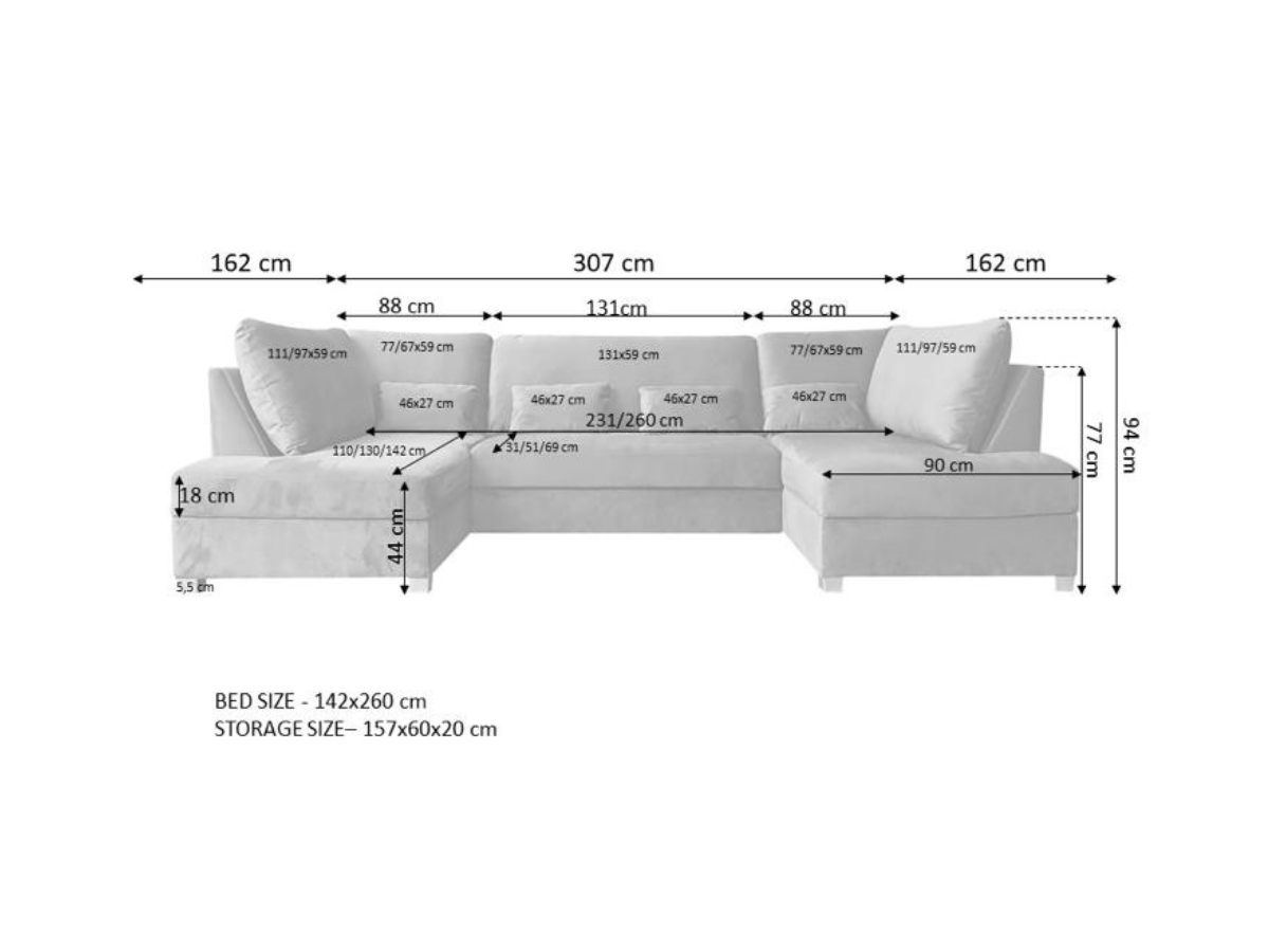 Meridian U Shape Sofa Bed with Storage Plush Velvet Grey Measurement Chart