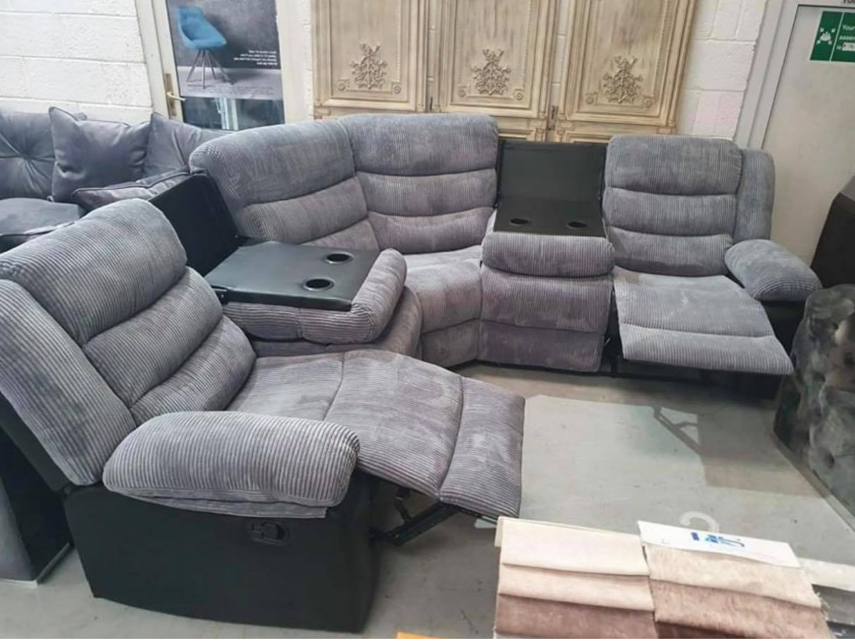 Rio Recliner Corner Sofa Grey Cord Leather Cupholders